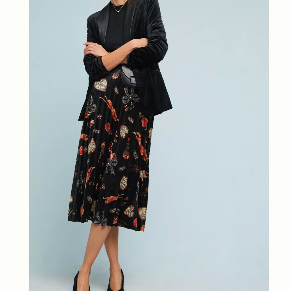 Maeve by Anthropologie Montparnasse Pleated Velvet Midi Skirt Sz Medium